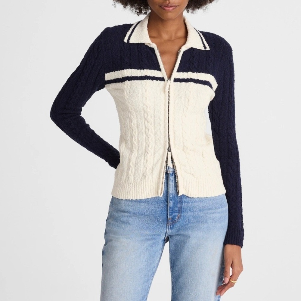 Madewell Cable Knit Zip Cardigan Sweater Navy Blue Ivory White Stretch Large